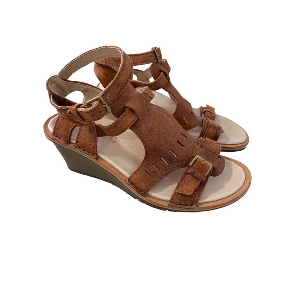 Merrell Sirah Wedge Sandal Size 7 Peep Toe Ankle Buckle Strap Prairie Brown Boho - Picture 1 of 7